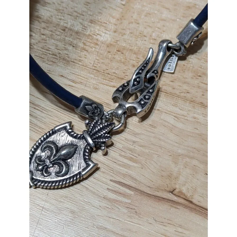 Stigma Mens Navy Blue Cord Necklace Silver Tone Fleur-de-Lis Shield Pendant NWT